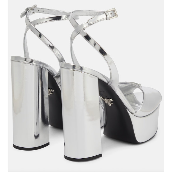 Prada 135mm Metallic Silver Logo Platform Sandal Ankle Strap Block Heel Pump 40 - Picture 16 of 16